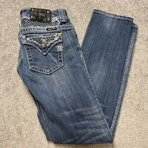 Miss Me 27 Straight Jeans Bedazzled Rhinestones Distressed Buckle Embellish